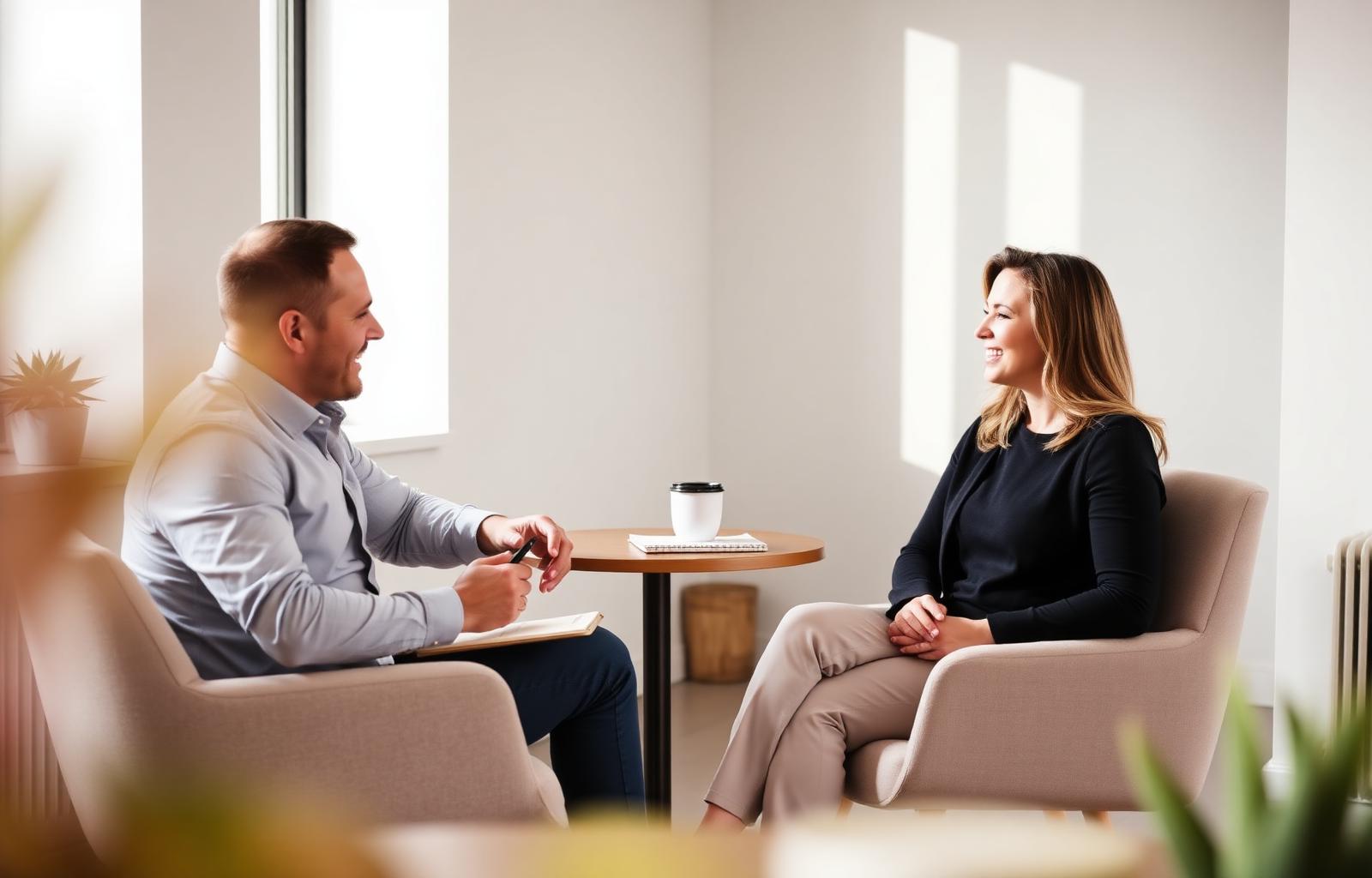 Executive coach in conversation with a client across a table in a bright office