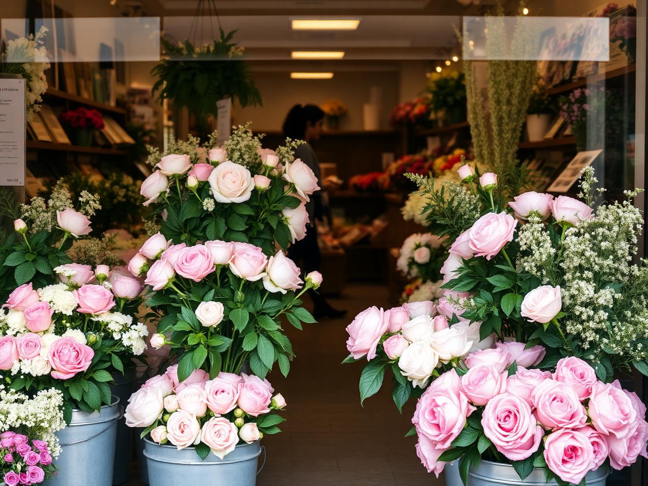 Colorful flower shop storefront filled with seasonal arrangements
