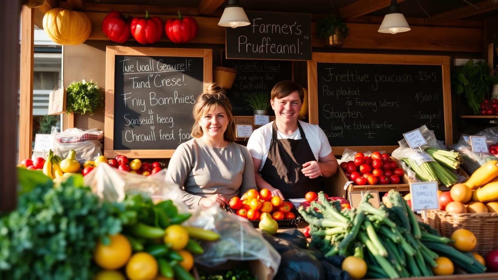 Friendly farmers market stall with fresh produce