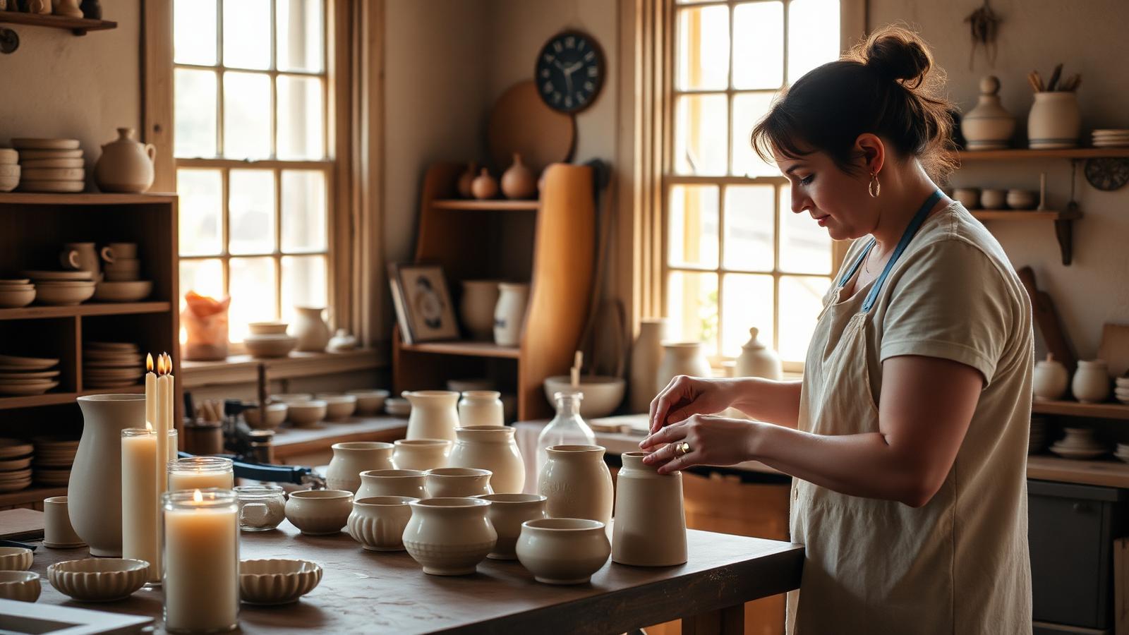 Maker in a sunny workshop with ceramics and candles