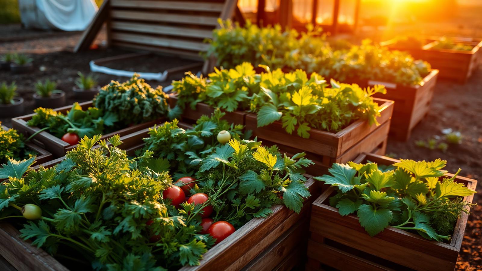 Fresh-picked vegetables in wooden crates on a small farm