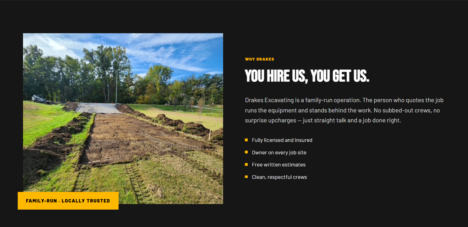 Drake's Excavating trust section with real photos and plain-spoken copy