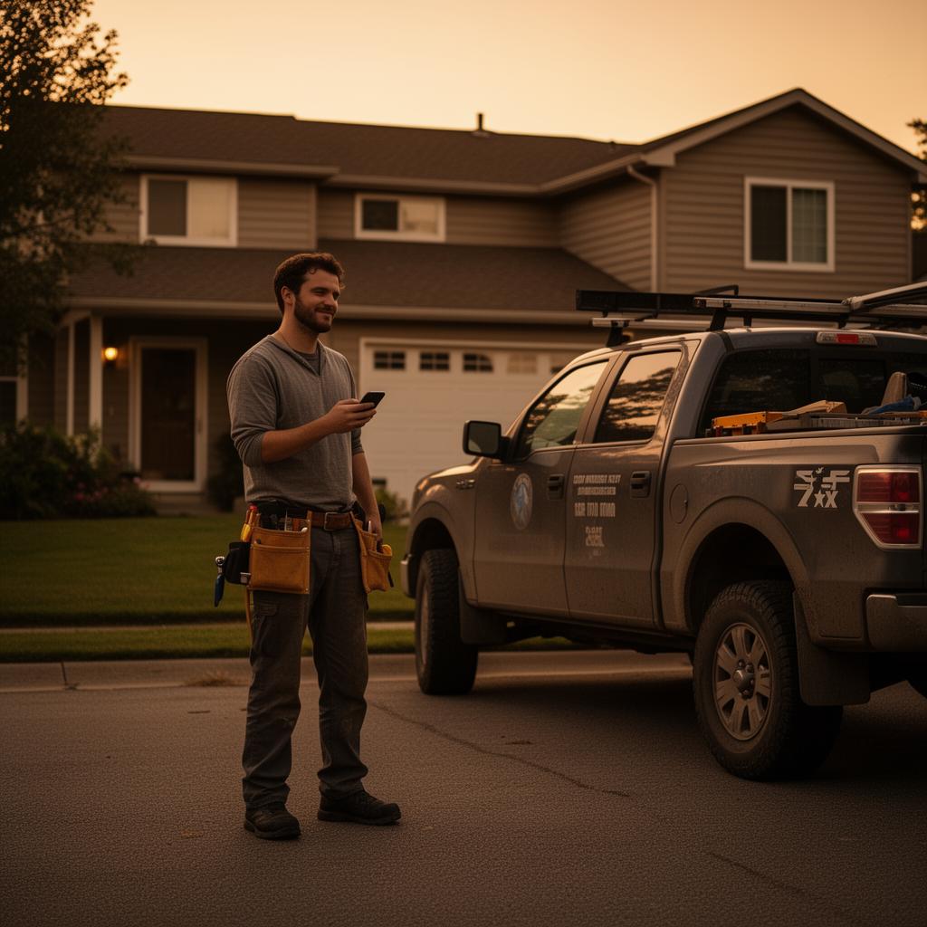 Tradesperson in the driveway by their work truck, phone in hand