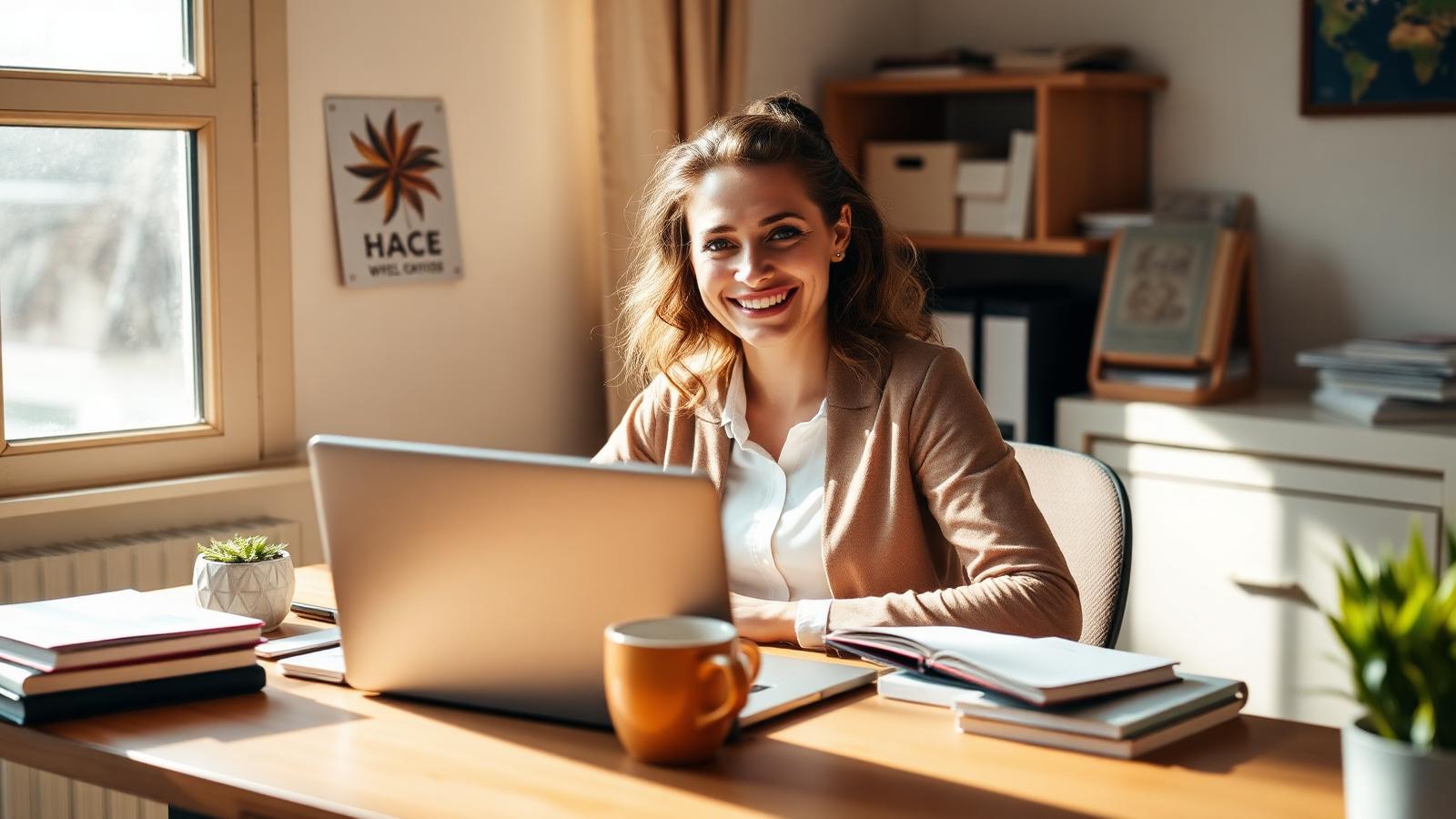 Travel agent working at a sunlit home desk
