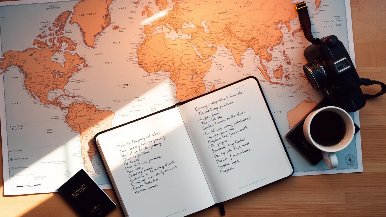 Trip planning desk with a map, notebook, and camera